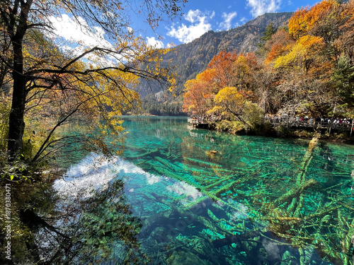 Beautiful scenery of Five Flowers Lake at Jiuzhaigou national park, Sichuan China in autumn season. Famous travelling destination 