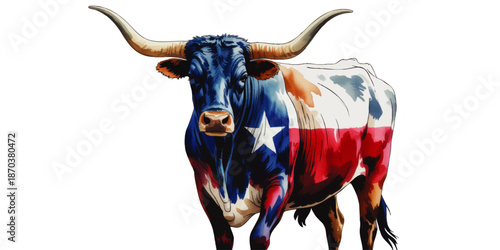 Texas longhorn bull illustration with Texas flag pattern, patriotic Western cattle art on transparent background, ranch and cowboy design
