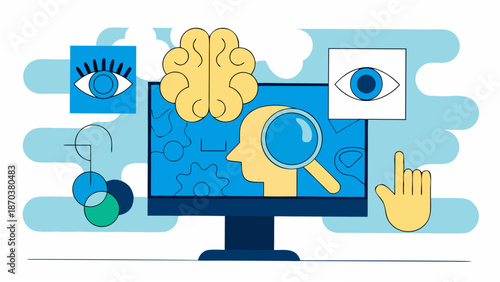 Vibrant illustration of human brain with magnifying glass on computer screen