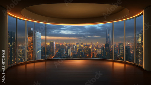 Wallpaper Mural Futuristic city skyline, modern high rise, panoramic window, empty room, evening light Torontodigital.ca