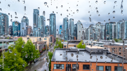 Wallpaper Mural Rain drops on window with blurred city skyline, high rise building, overcast sky, urban mood Torontodigital.ca