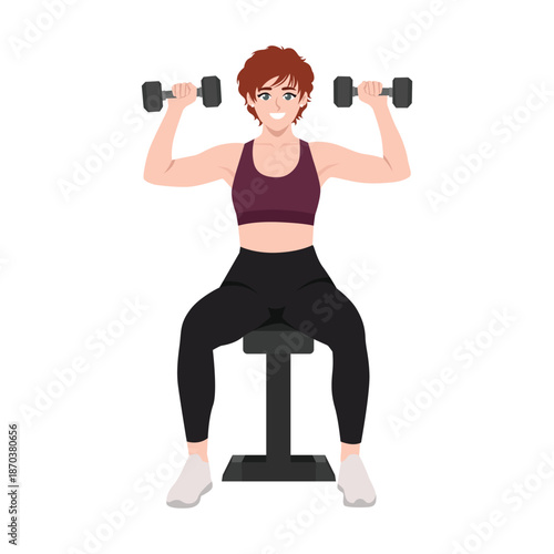 Woman Doing Dumbbell Shoulder Press Workout Exercise. Flat Vector character illustration