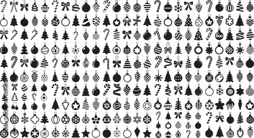 Black silhouettes of various Christmas tree ornaments on white background