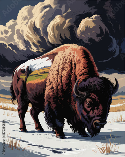 Majestic bison illustration in winter snow with storm clouds and prairie landscape double exposure wildlife art