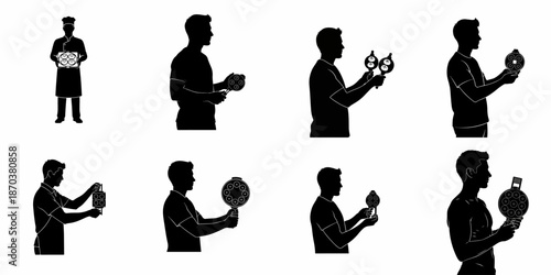 Vector silhouettes of people, including a chef, holding various multi-mould pans for making round foods like poffertjes or cake pops.
