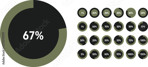 Set of olive green and black circular loading bars and percentage progress icons for data visualization and business infographic dashboard designs.