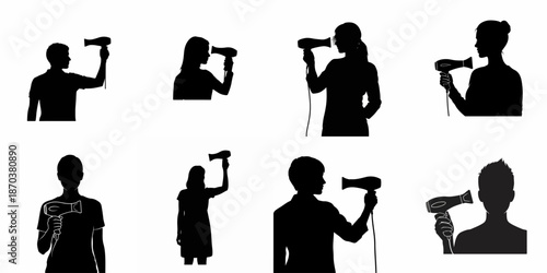 Vector set of silhouettes showing diverse people using and holding hair dryers for personal grooming and daily styling routine, isolated on white background.