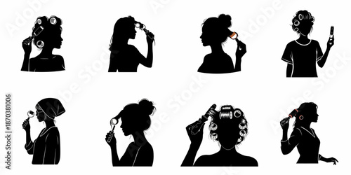 Set of 8 black silhouettes featuring women performing self-hair care routines, using curlers, styling irons, and brushes.