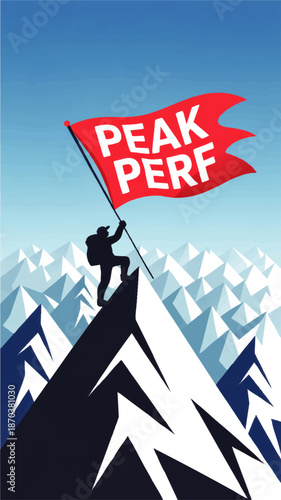 Mountain climber reaching summit with red victory flag, peak performance motivation, success concept illustration in blue sky