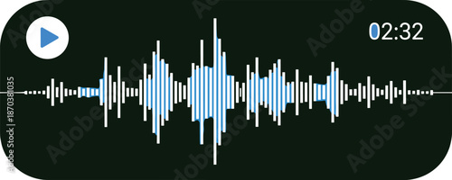 Digital audio waveform interface with sound frequency bars blue play button and time display on a dark background for podcasting.