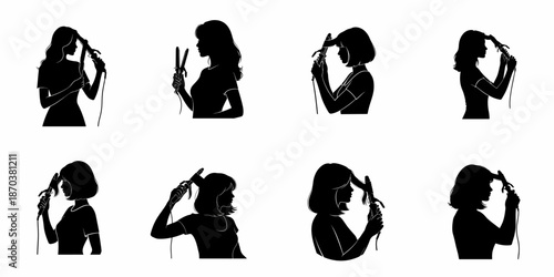 Silhouettes of women styling hair with curling and flat irons, illustrating beauty, hairdressing, and personal care routines.
