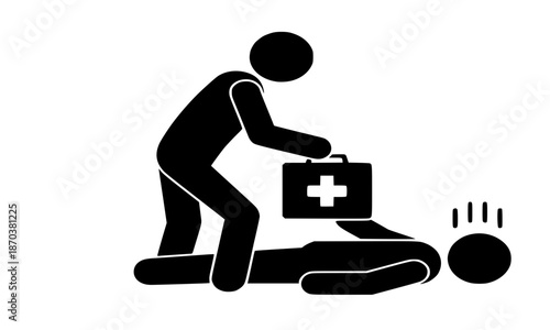 First Aid Emergency Response Icon, Stick Figure Medic Providing CPR or Medical Assistance to Injured Person, Healthcare Safety Training Symbol, Professional Life Saving Vector Illustration
