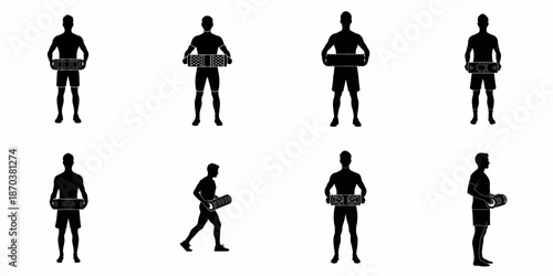 Collection of male silhouettes holding different types of foam rollers for muscle recovery and fitness, isolated on white background.