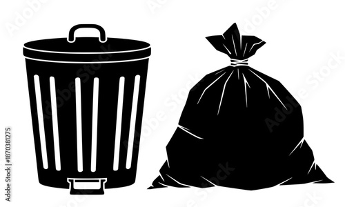 Trash Can and Garbage Bag Vector Illustration, Metal Dustbin with Lid and Plastic Refuse Sack Icon Set, Waste Management and Sanitation Symbol, Minimalist Black and White Rubbish Cleanup Art