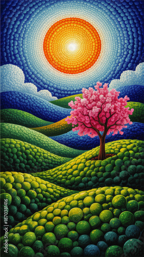 Vibrant surreal landscape with pink blossom tree, rolling green hills and radiant psychedelic sun in pointillist fantasy art