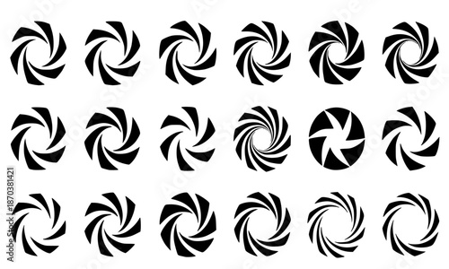 Camera Shutter Aperture Icon Set, Photography Lens Iris Diaphragm Vector Collection, Geometric Spiral Circle Logo Elements, Abstract Optical Symbols for Video and Photo Studio Branding, Minimalist Art