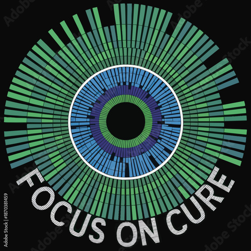 Abstract medical eye infographic with green and blue radial lines and Focus On Cure text on black background for health awareness