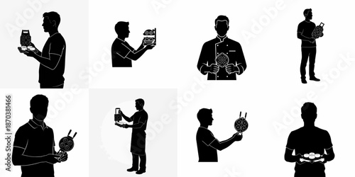 Collection of black silhouettes featuring men and chefs holding multi-compartment cooking molds, illustrating food preparation vector icons.