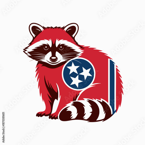 Tennessee raccoon mascot illustration with state flag stars and stripes, patriotic red blue wildlife vector design on transparent background