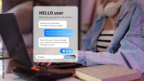 Foto User typing prompt on laptop to interact with AI assistant using generative tech