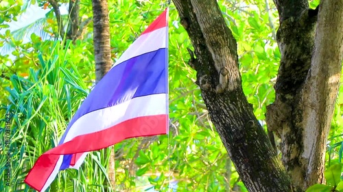 Thailand Thai flag blowing in the wind in tropical nature.