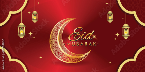 Eid mubarak greeting card with crescent moon and lanterns