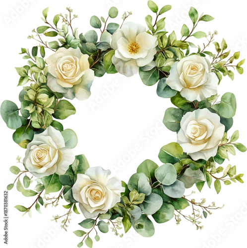 Elegant White Rose and Eucalyptus Floral Wreath