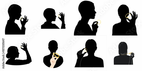 Vector illustrations of eight black silhouettes of individuals examining small golden jewelry rings, representing contemplation, shopping, or style.