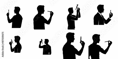 Black silhouettes of men in various professional and casual attire inspecting or holding construction screws and fasteners, isolated vector collection.