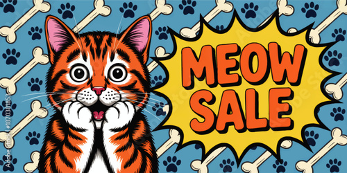 Cute surprised orange cat illustration with Meow Sale text, comic pop art banner for pet shop promotion on blue paw print background