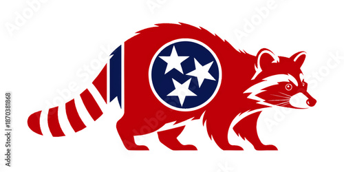 Tennessee raccoon silhouette with state flag stars emblem, patriotic red blue illustration, southern wildlife mascot vector art