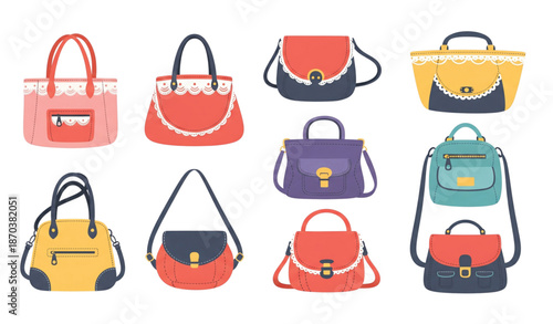 Cute women handbags collection with lace details and zipper pockets flat doodle vector set isolated on transparent background