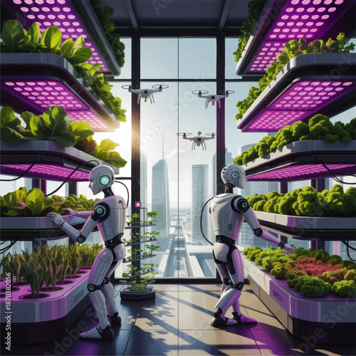 Futuristic indoor vertical farm with robots and drones tending hydroponic vegetables under purple LED lights in modern smart city