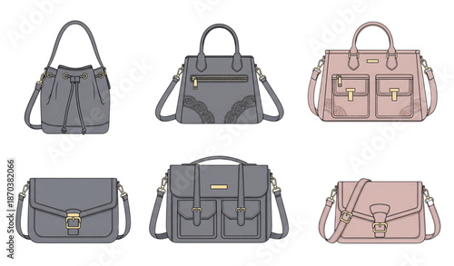 Elegant women handbags collection with pockets zippers and adjustable straps flat vector isolated on transparent background