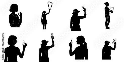 A collection of eight female silhouettes holding various objects like carabiners, keyrings, and binder clips, representing concepts of gear, safety, and attachment.