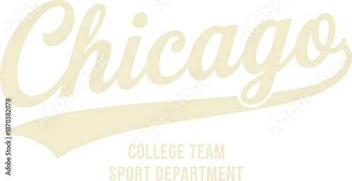 Vintage Chicago college team sport department typography in a cursive script with a tail on a white background for athletic apparel.