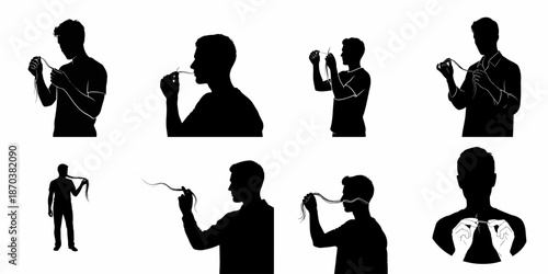 Black silhouette set of a man meticulously examining hair strands, illustrating concepts of male pattern baldness, hair quality analysis, grooming, and fiber testing.