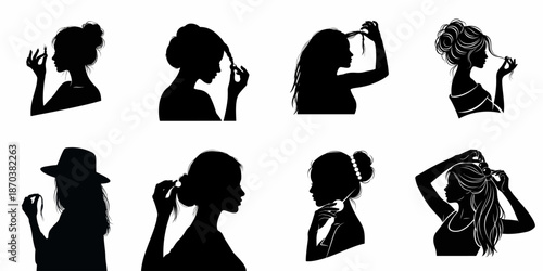 Elegant vector silhouettes of women styling their hair, featuring various updos, buns, and long hair with hair accessories, emphasizing beauty and self-care.