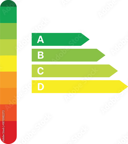 Energy efficiency rating infographic featuring a colorful vertical scale and horizontal level arrows from green A to yellow D for sustainability.