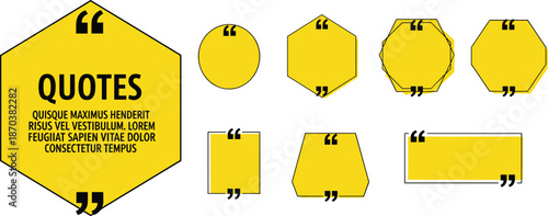 Set of yellow geometric quote box templates featuring hexagonal circular and rectangular frames with black quotation marks for creative social media.