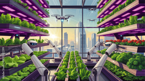 Futuristic robotic vertical farm with drones and hydroponic vegetables in smart greenhouse over modern city at sunrise