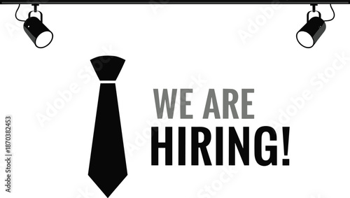 Minimalist we are hiring recruitment banner featuring a black necktie silhouette and spotlights on white background for professional job vacancy announcements.