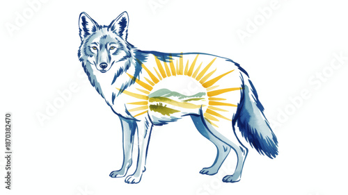 Watercolor coyote illustration with sunrise landscape inside silhouette, blue desert wildlife art for nature print and logo design