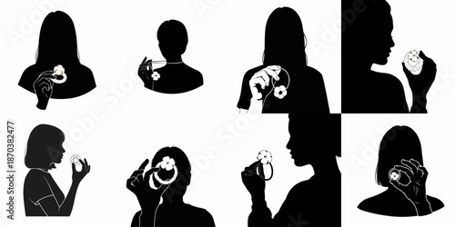 Black and white silhouettes of women holding hair scrunchies with cotton flowers, showcasing natural beauty and accessories.