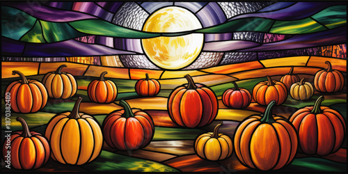 Vibrant stained glass pumpkin field under glowing full moon, colorful autumn harvest landscape illustration for fall decor