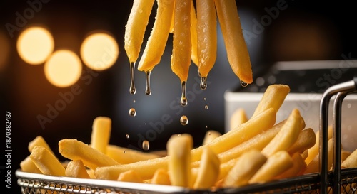 Golden french fries cascade fresh from the fryer in a captivating close up view