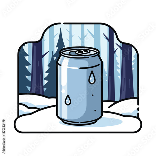 A cartoon can sits on snowy ground