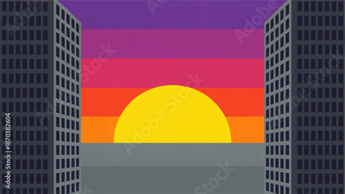 Vibrant minimalist city sunset illustration with skyscrapers and colorful gradient sky, urban landscape background art