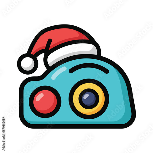 A cartoon camera with a Santa hat