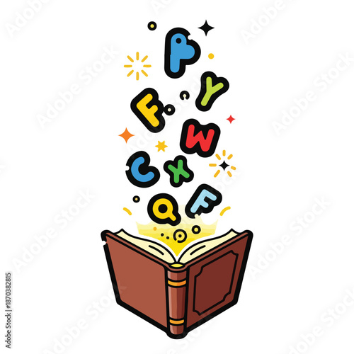 A cartoon brown book emits colorful letters